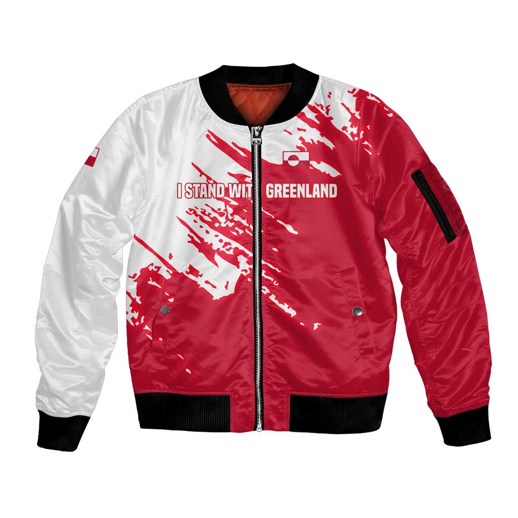 I Stand With Greenland Polar Bear Sleeve Zip Bomber Jacket with Splattered Flag Pattern