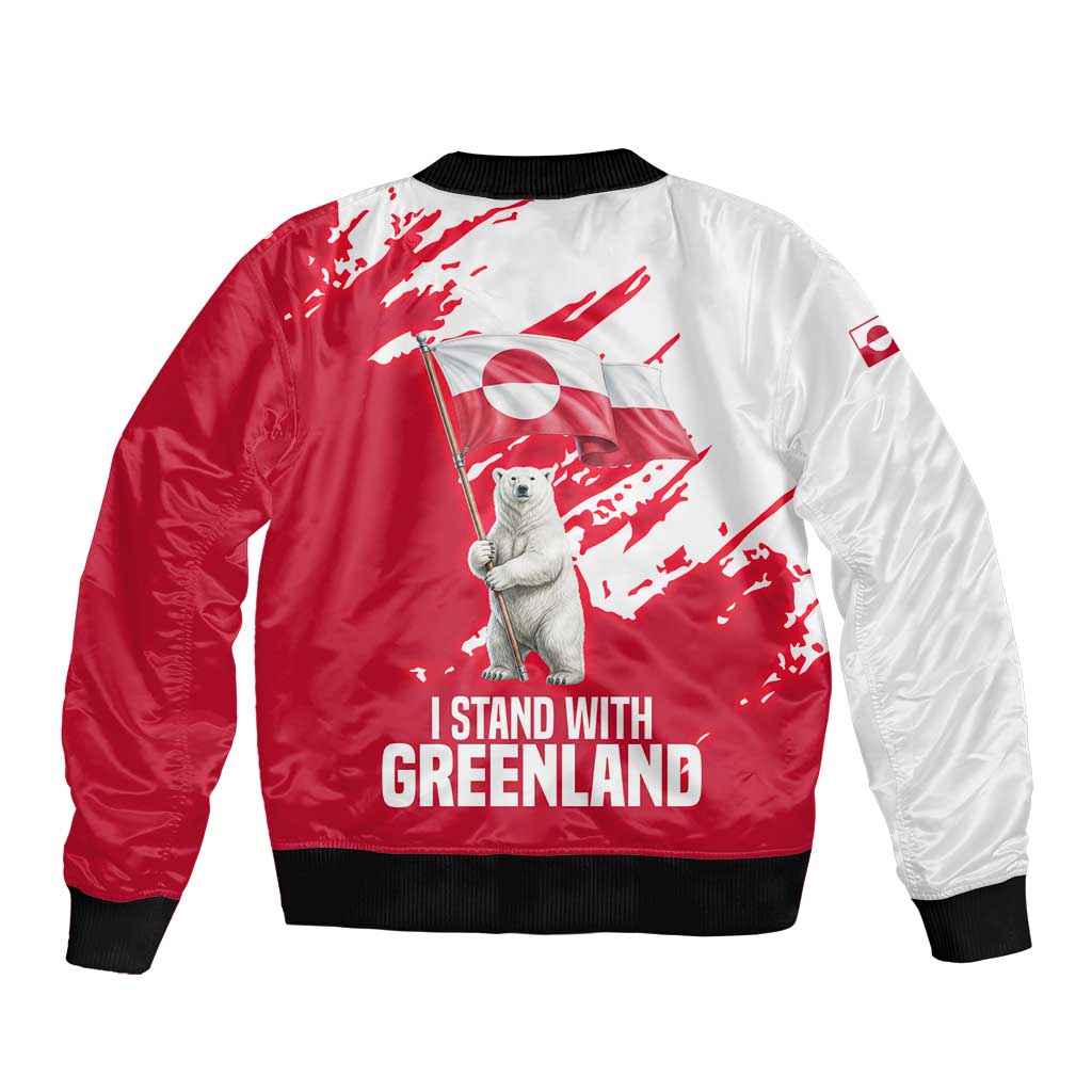 I Stand With Greenland Polar Bear Sleeve Zip Bomber Jacket with Splattered Flag Pattern