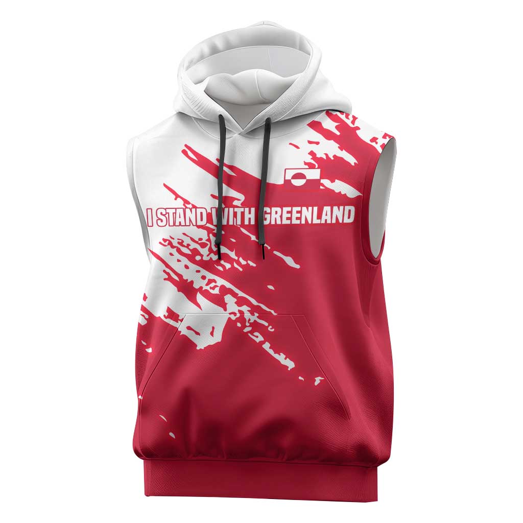 I Stand With Greenland Polar Bear Sleeveless Hoodie with Splattered Flag Pattern