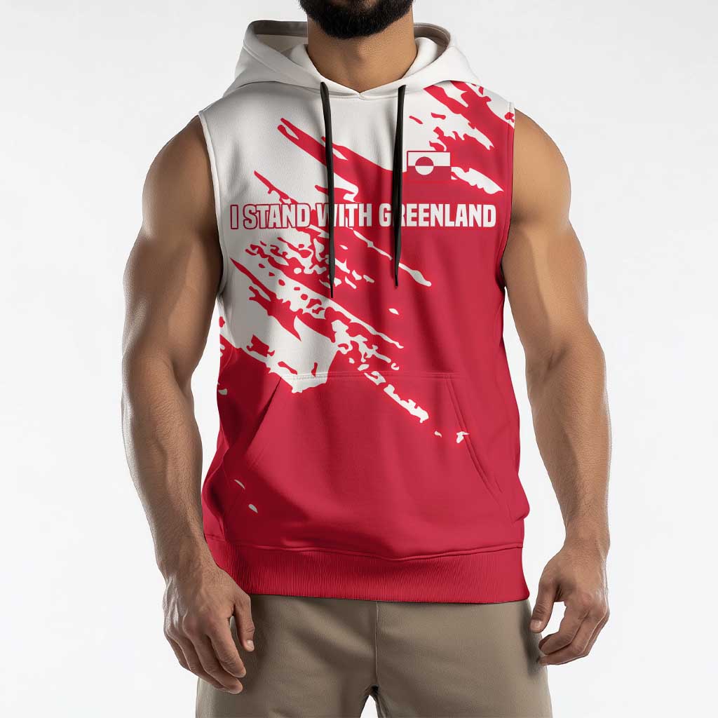 I Stand With Greenland Polar Bear Sleeveless Hoodie with Splattered Flag Pattern