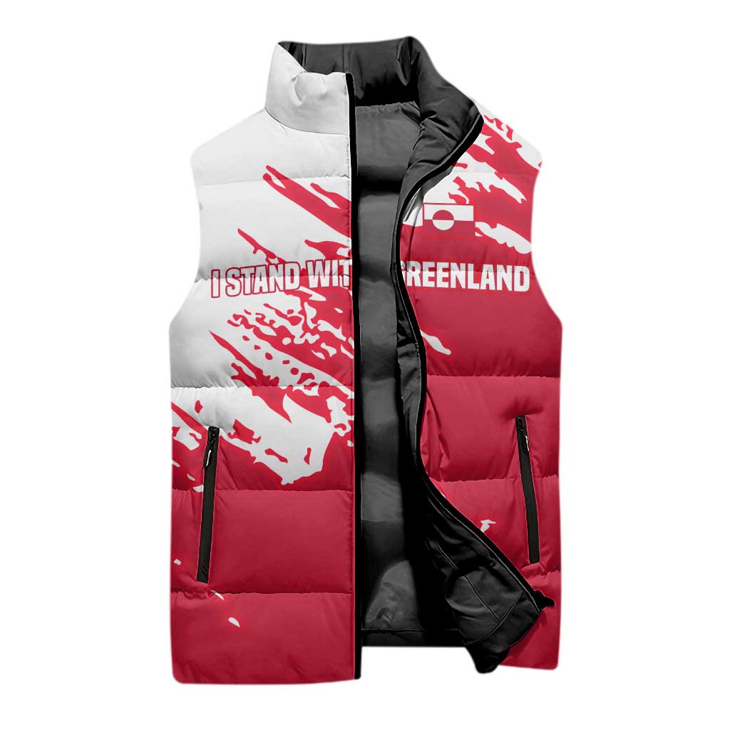 I Stand With Greenland Polar Bear Sleeveless Puffer Jacket with Splattered Flag Pattern