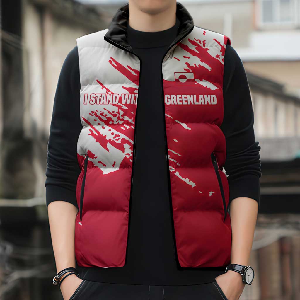 I Stand With Greenland Polar Bear Sleeveless Puffer Jacket with Splattered Flag Pattern