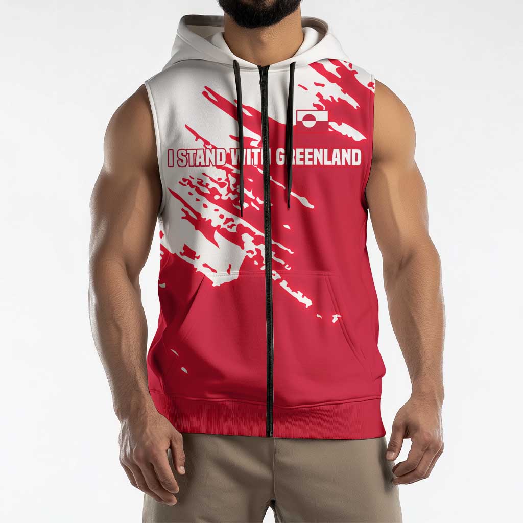 I Stand With Greenland Polar Bear Sleeveless Zip Hoodie with Splattered Flag Pattern