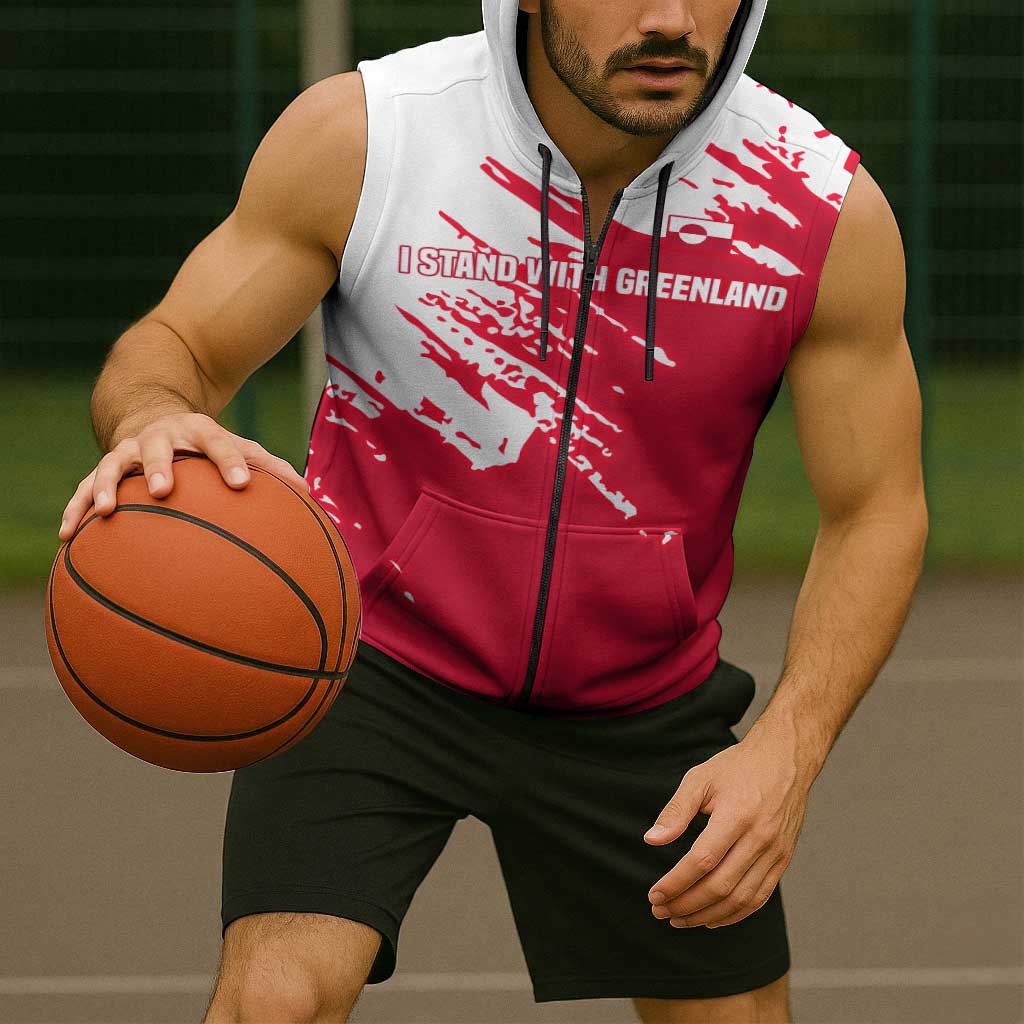 I Stand With Greenland Polar Bear Sleeveless Zip Hoodie with Splattered Flag Pattern