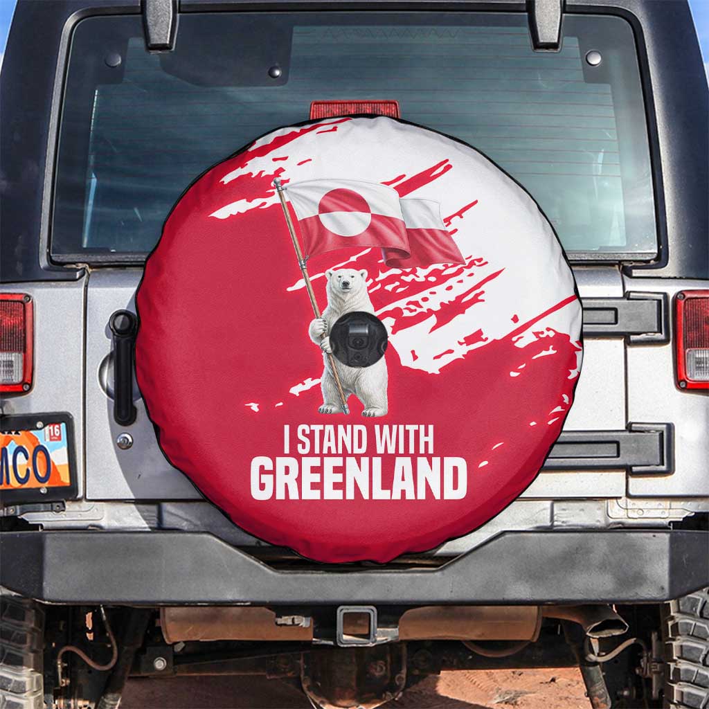 I Stand With Greenland Polar Bear Spare Tire Cover with Splattered Flag Pattern