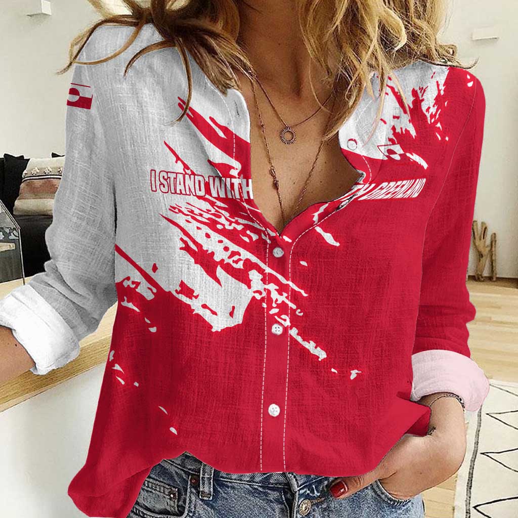I Stand With Greenland Polar Bear Women Casual Shirt with Splattered Flag Pattern