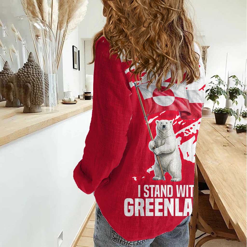 I Stand With Greenland Polar Bear Women Casual Shirt with Splattered Flag Pattern