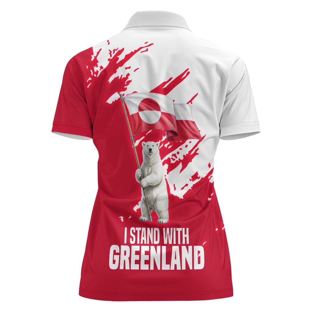 I Stand With Greenland Polar Bear Women Polo Shirt with Splattered Flag Pattern