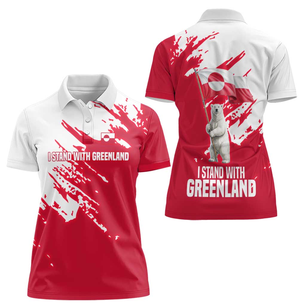 I Stand With Greenland Polar Bear Women Polo Shirt with Splattered Flag Pattern