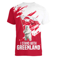 I Stand With Greenland Polar Bear Women V-Neck T-Shirt with Splattered Flag Pattern