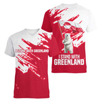 I Stand With Greenland Polar Bear Women V-Neck T-Shirt with Splattered Flag Pattern