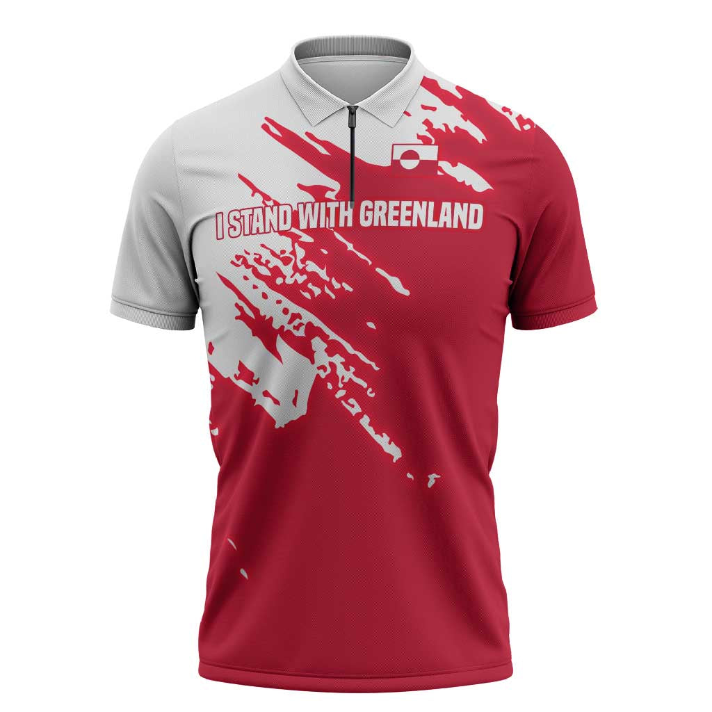 I Stand With Greenland Polar Bear Zipper Polo Shirt with Splattered Flag Pattern