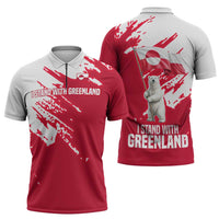 I Stand With Greenland Polar Bear Zipper Polo Shirt with Splattered Flag Pattern