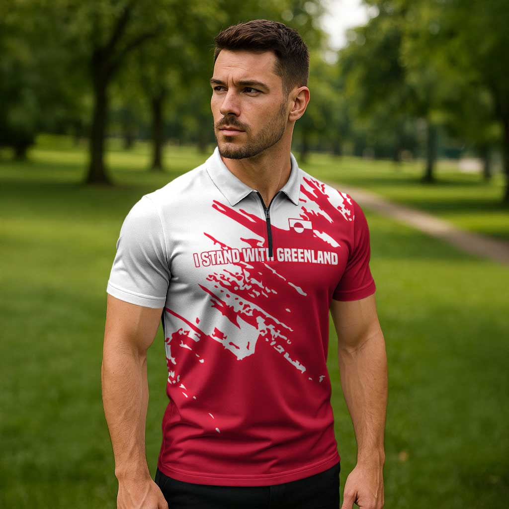 I Stand With Greenland Polar Bear Zipper Polo Shirt with Splattered Flag Pattern