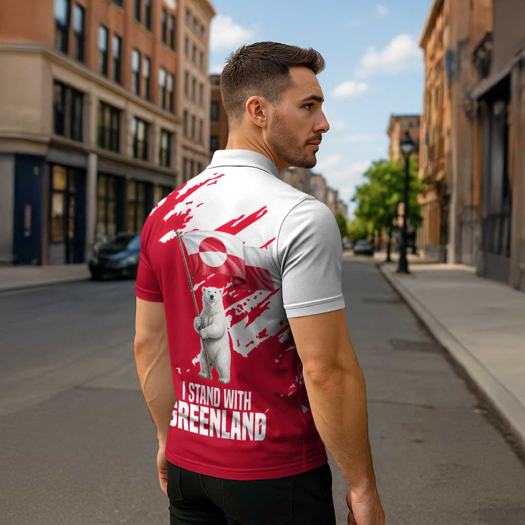 I Stand With Greenland Polar Bear Zipper Polo Shirt with Splattered Flag Pattern