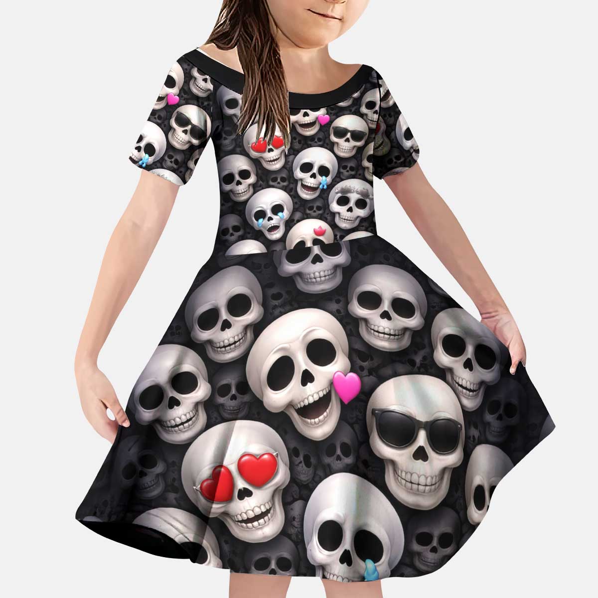 Emoji Skulls Kid Short Sleeve Dress Moodboard of the Dead