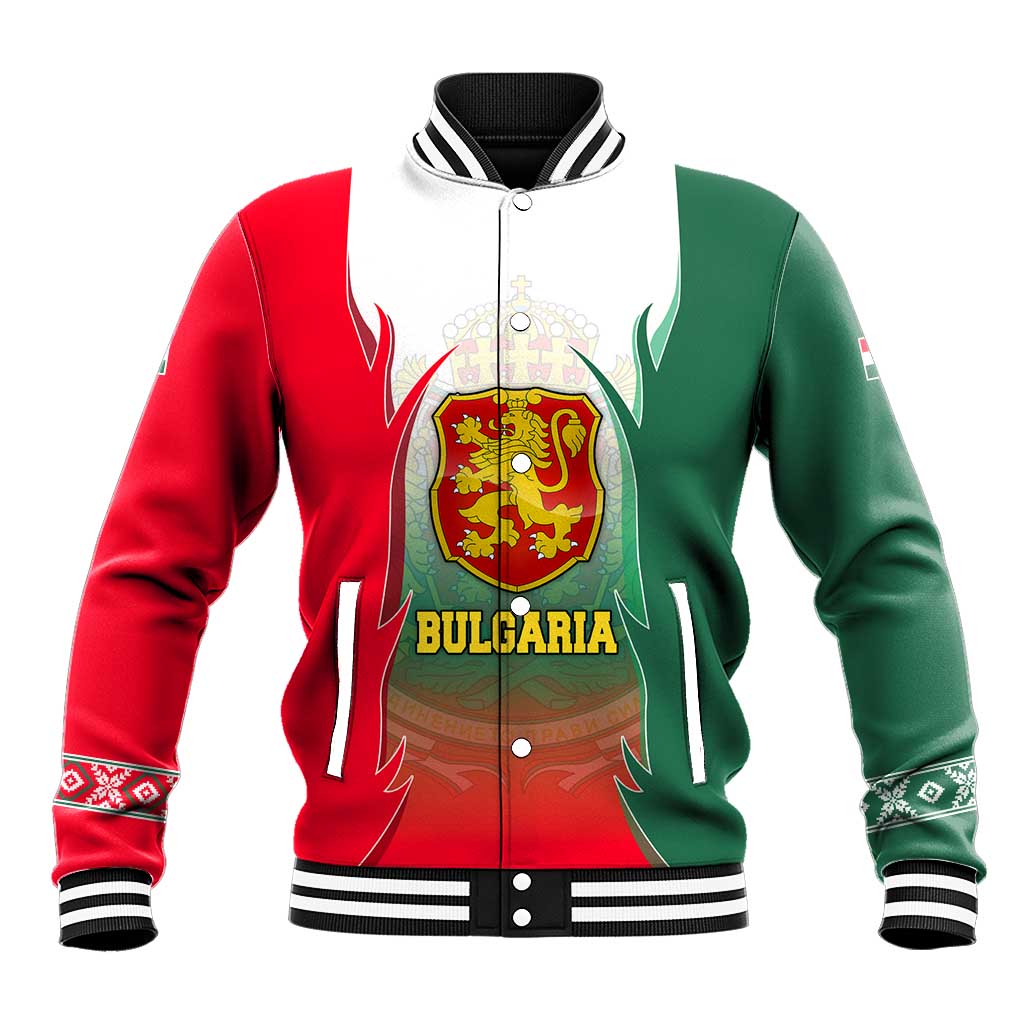 Bulgaria National Crest Baseball Jacket with Tricolor Design and Folk Cuff Pattern