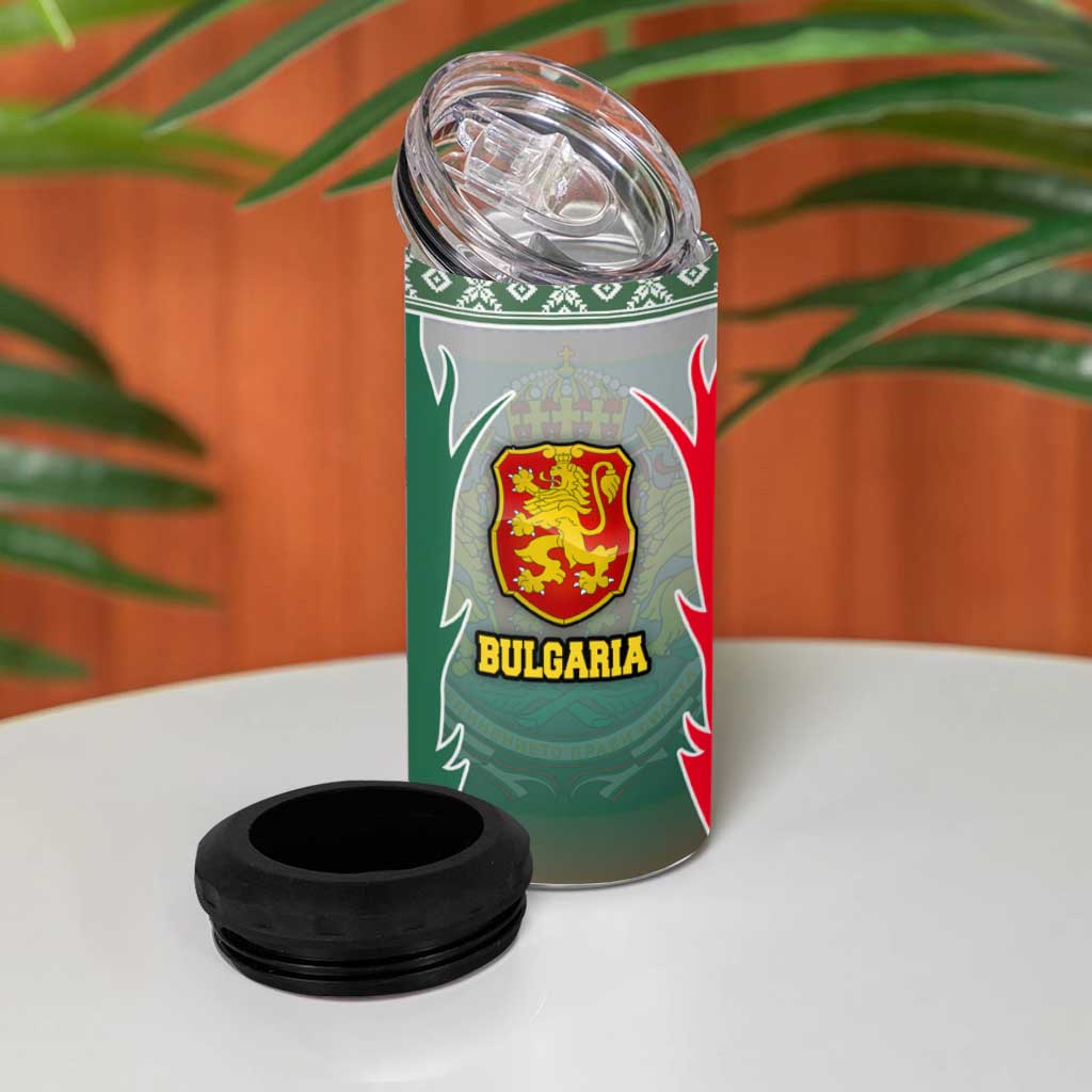 Bulgaria National Crest 4 in 1 Can Cooler Tumbler with Tricolor Design and Folk Cuff Pattern