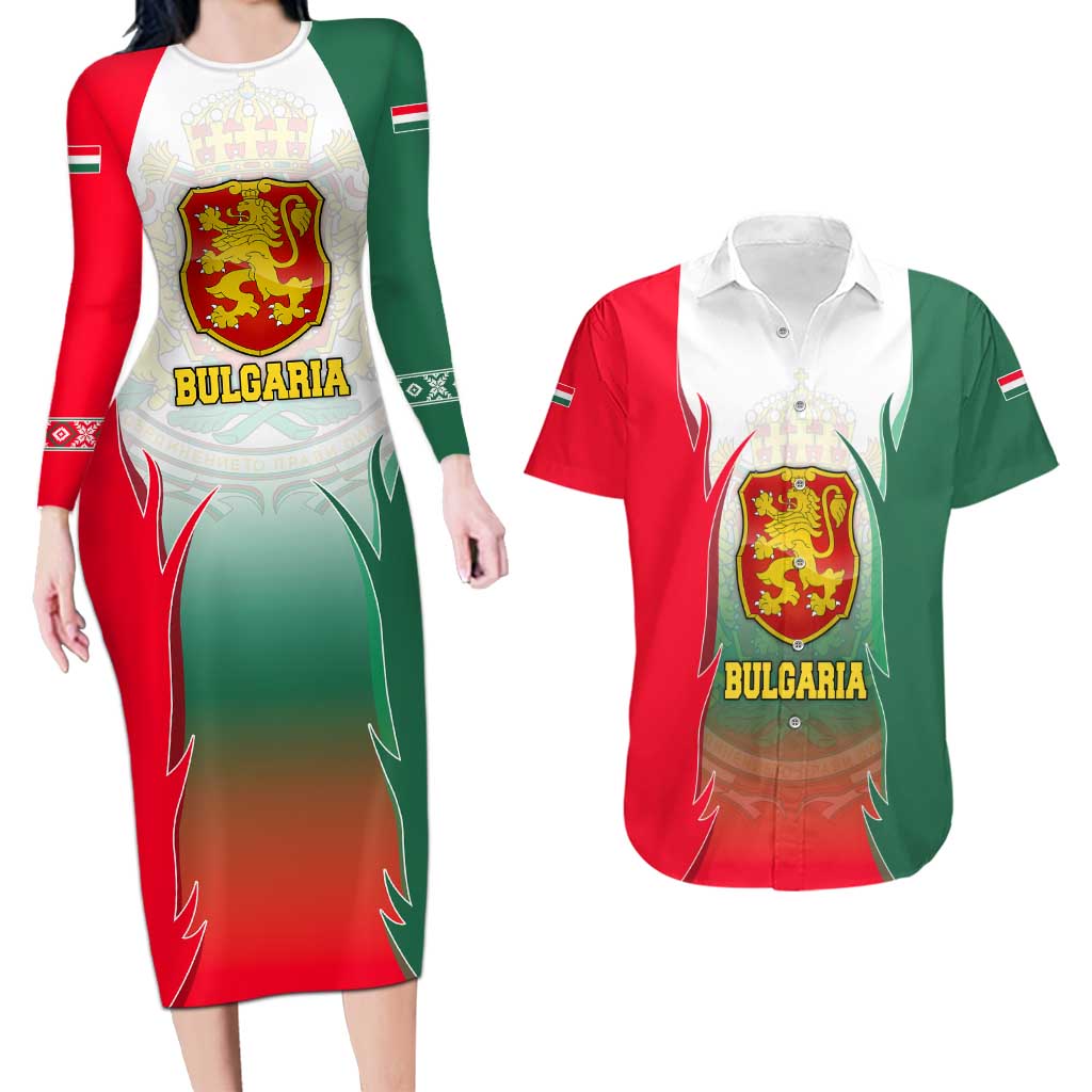 Bulgaria National Crest Couples Matching Long Sleeve Bodycon Dress and Hawaiian Shirt with Tricolor Design and Folk Cuff Pattern
