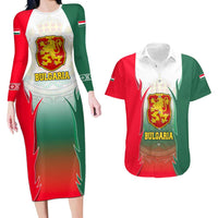 Bulgaria National Crest Couples Matching Long Sleeve Bodycon Dress and Hawaiian Shirt with Tricolor Design and Folk Cuff Pattern