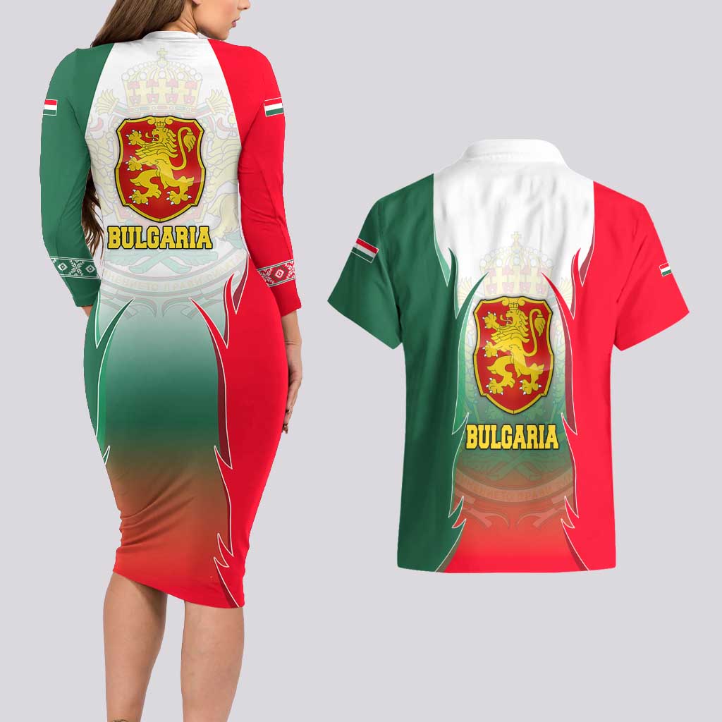 Bulgaria National Crest Couples Matching Long Sleeve Bodycon Dress and Hawaiian Shirt with Tricolor Design and Folk Cuff Pattern