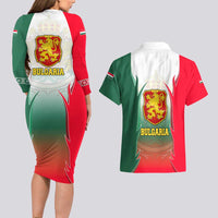 Bulgaria National Crest Couples Matching Long Sleeve Bodycon Dress and Hawaiian Shirt with Tricolor Design and Folk Cuff Pattern