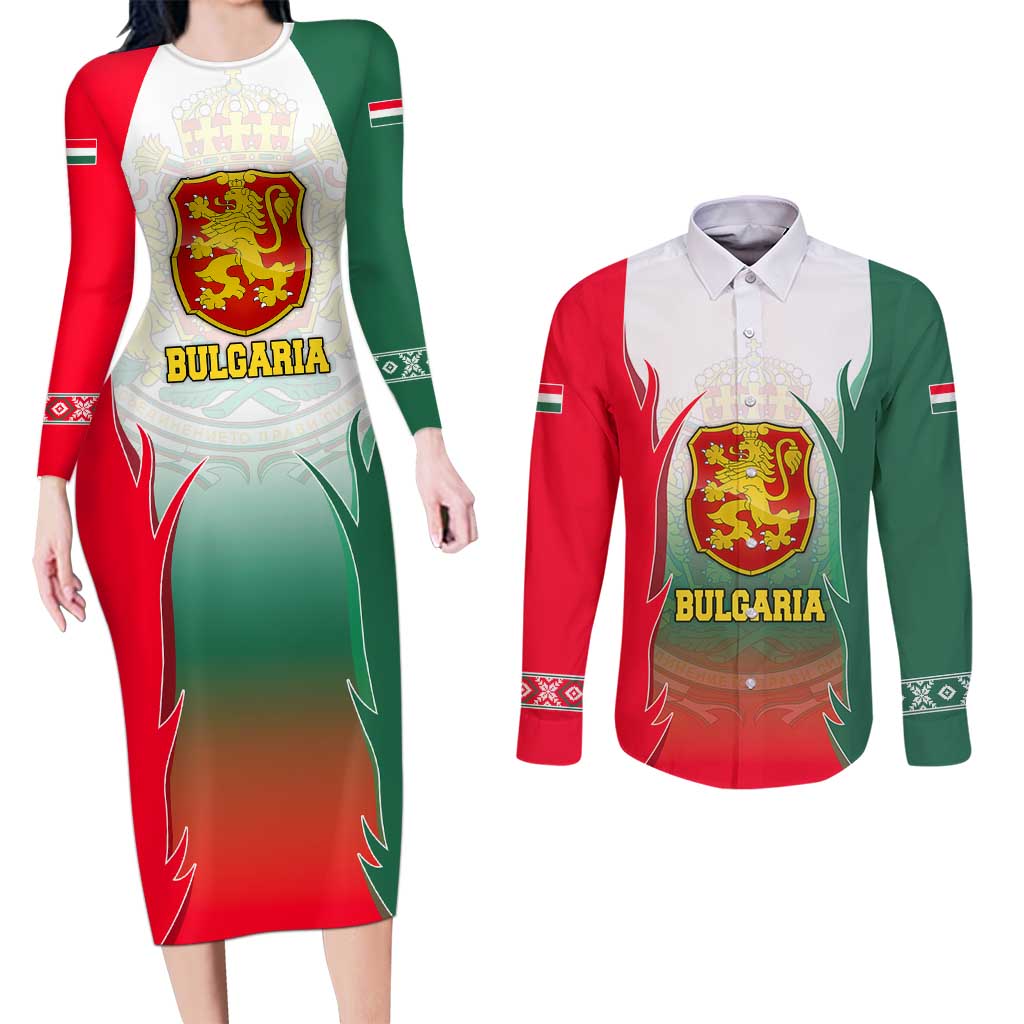 Bulgaria National Crest Couples Matching Long Sleeve Bodycon Dress and Long Sleeve Button Shirt with Tricolor Design and Folk Cuff Pattern