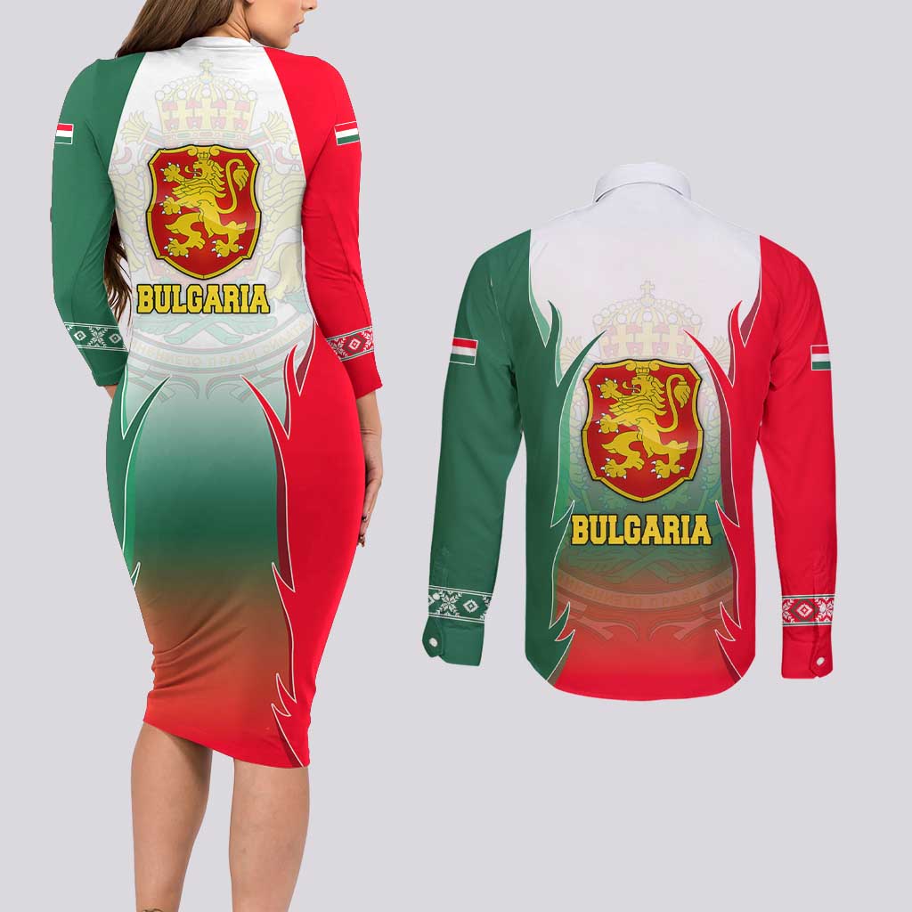 Bulgaria National Crest Couples Matching Long Sleeve Bodycon Dress and Long Sleeve Button Shirt with Tricolor Design and Folk Cuff Pattern