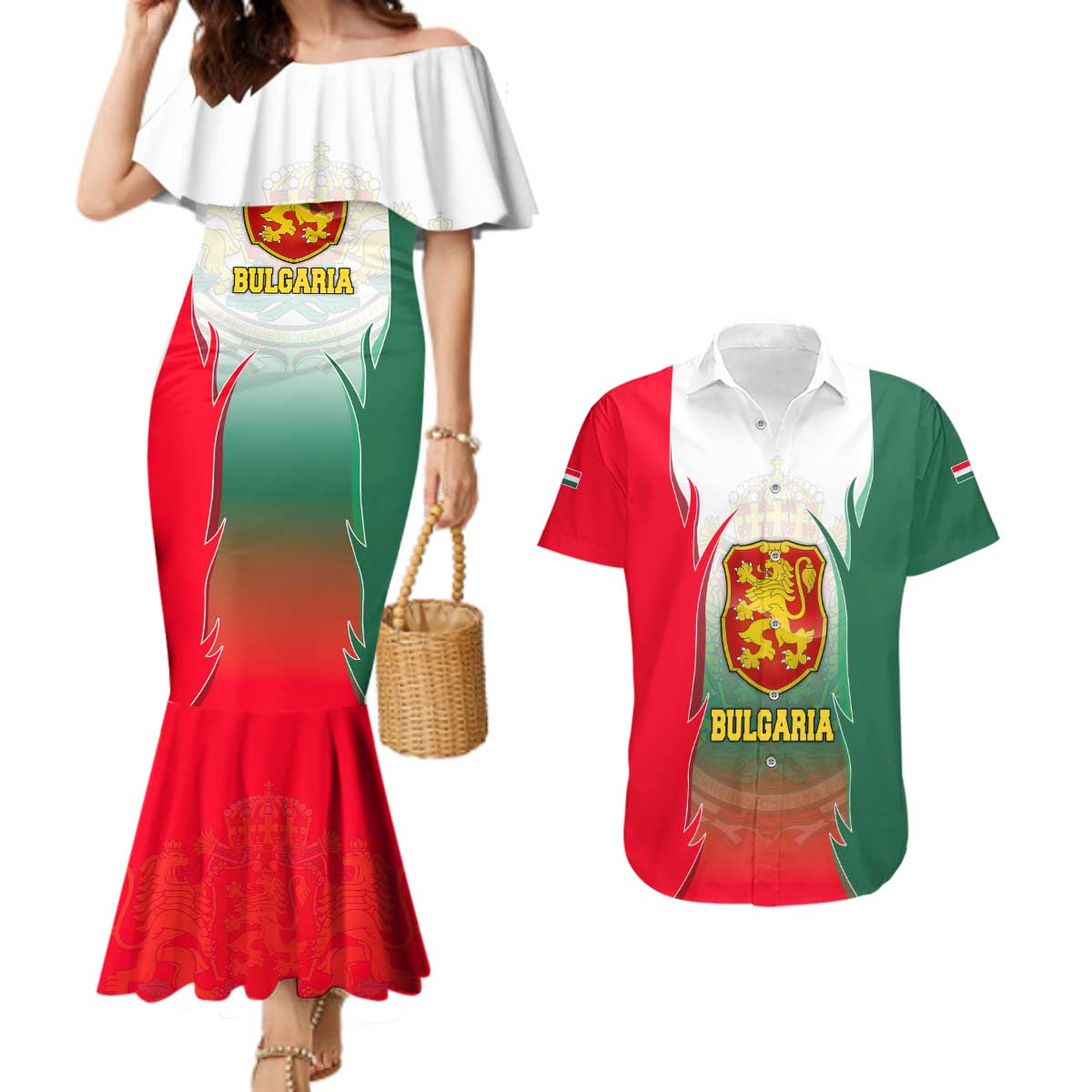 Bulgaria National Crest Couples Matching Mermaid Dress and Hawaiian Shirt with Tricolor Design and Folk Cuff Pattern