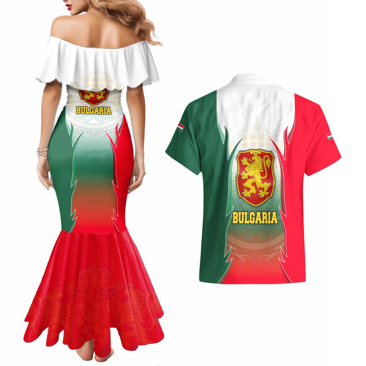 Bulgaria National Crest Couples Matching Mermaid Dress and Hawaiian Shirt with Tricolor Design and Folk Cuff Pattern