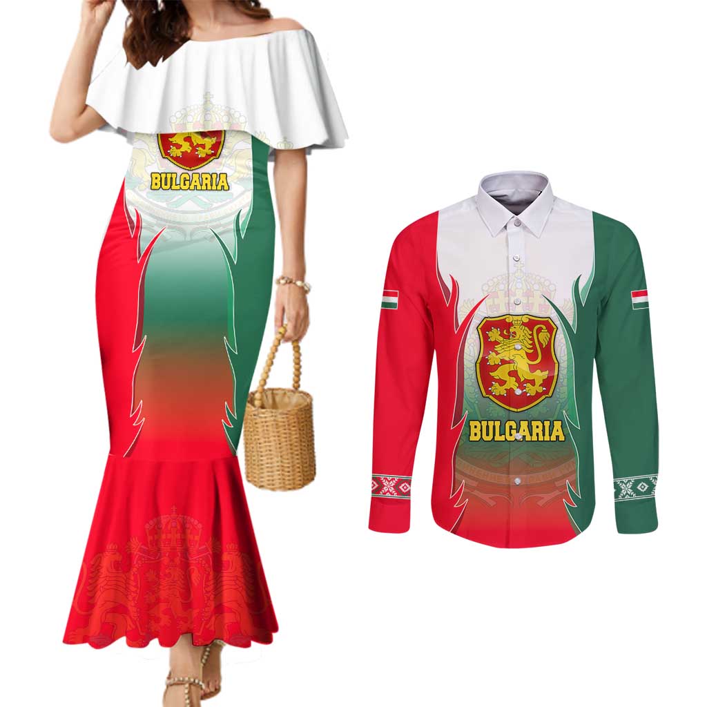 Bulgaria National Crest Couples Matching Mermaid Dress and Long Sleeve Button Shirt with Tricolor Design and Folk Cuff Pattern