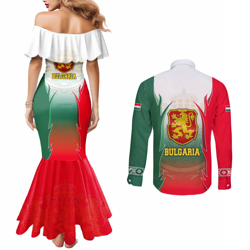 Bulgaria National Crest Couples Matching Mermaid Dress and Long Sleeve Button Shirt with Tricolor Design and Folk Cuff Pattern