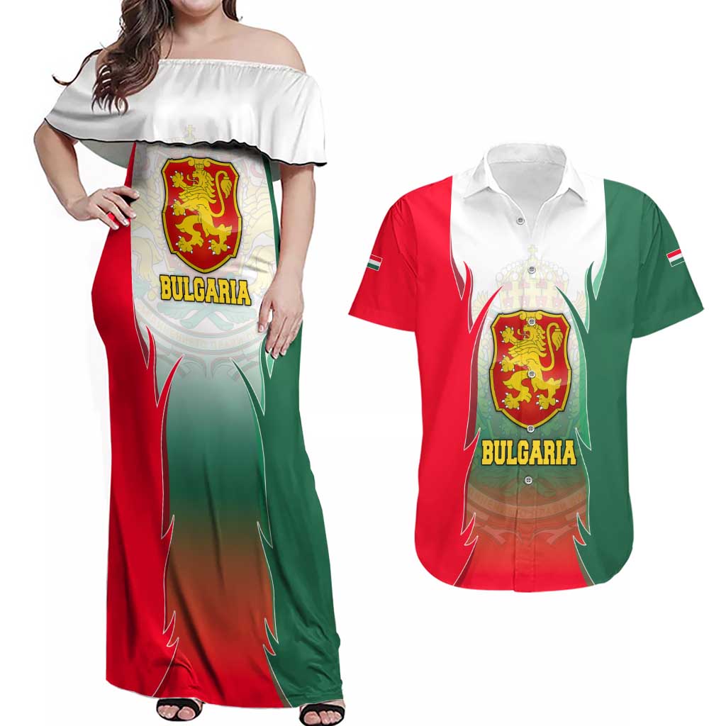 Bulgaria National Crest Couples Matching Off Shoulder Maxi Dress and Hawaiian Shirt with Tricolor Design and Folk Cuff Pattern