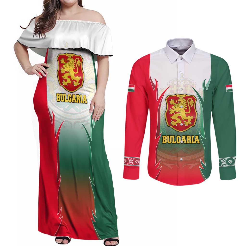 Bulgaria National Crest Couples Matching Off Shoulder Maxi Dress and Long Sleeve Button Shirt with Tricolor Design and Folk Cuff Pattern