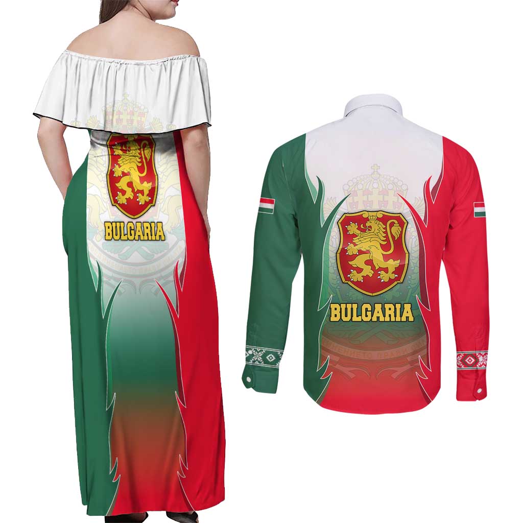 Bulgaria National Crest Couples Matching Off Shoulder Maxi Dress and Long Sleeve Button Shirt with Tricolor Design and Folk Cuff Pattern