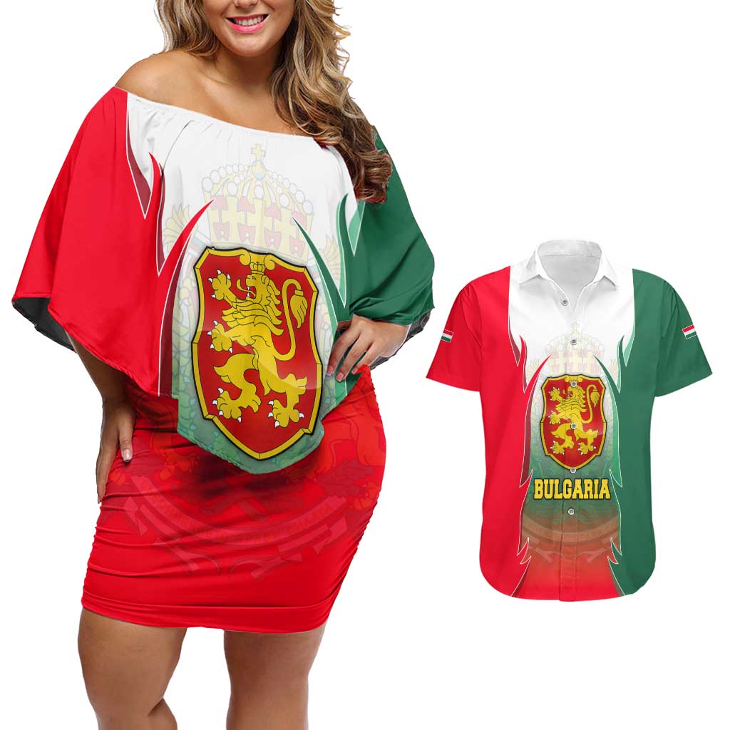 Bulgaria National Crest Couples Matching Off Shoulder Short Dress and Hawaiian Shirt with Tricolor Design and Folk Cuff Pattern