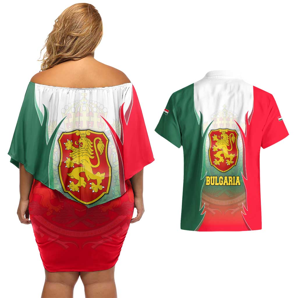 Bulgaria National Crest Couples Matching Off Shoulder Short Dress and Hawaiian Shirt with Tricolor Design and Folk Cuff Pattern