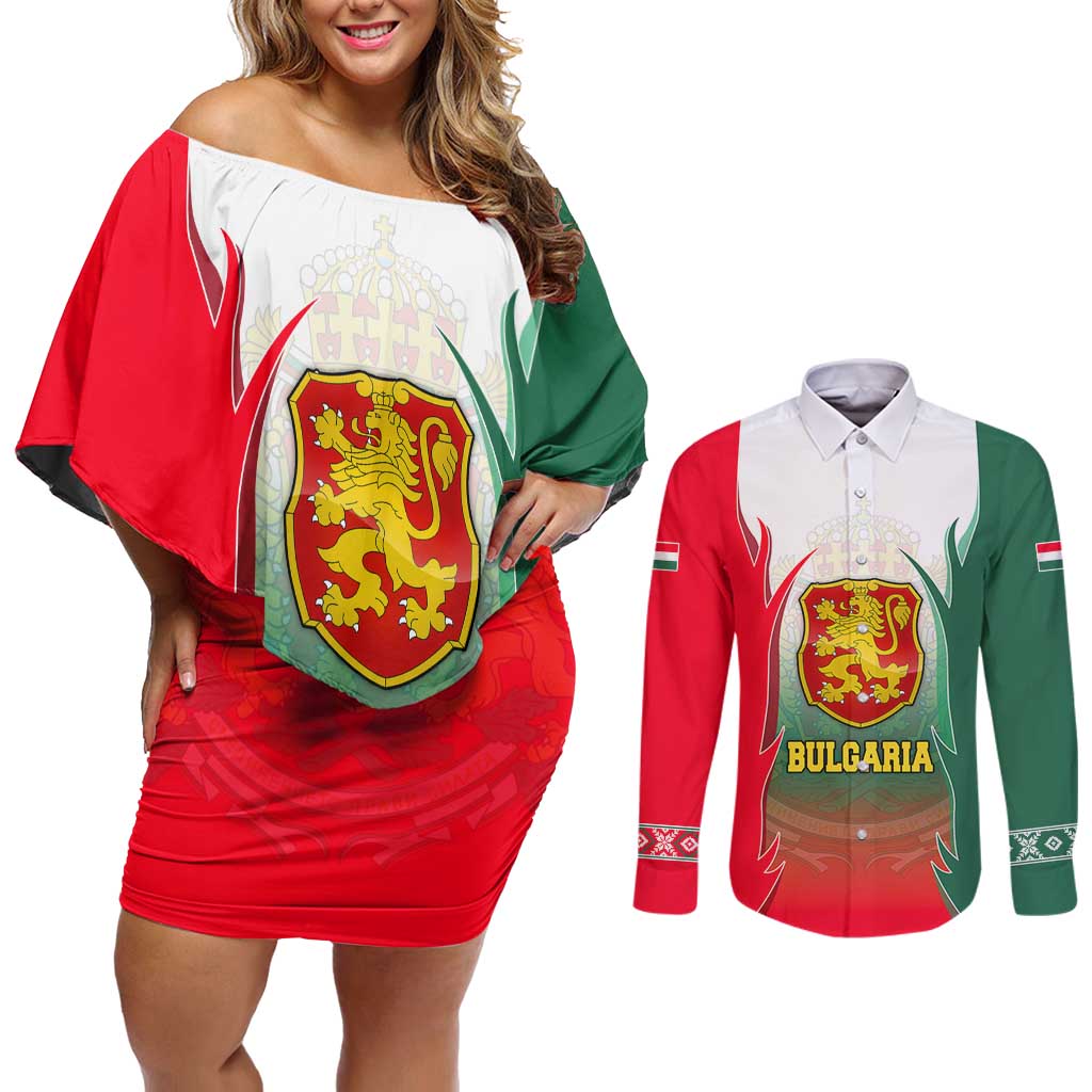 Bulgaria National Crest Couples Matching Off Shoulder Short Dress and Long Sleeve Button Shirt with Tricolor Design and Folk Cuff Pattern