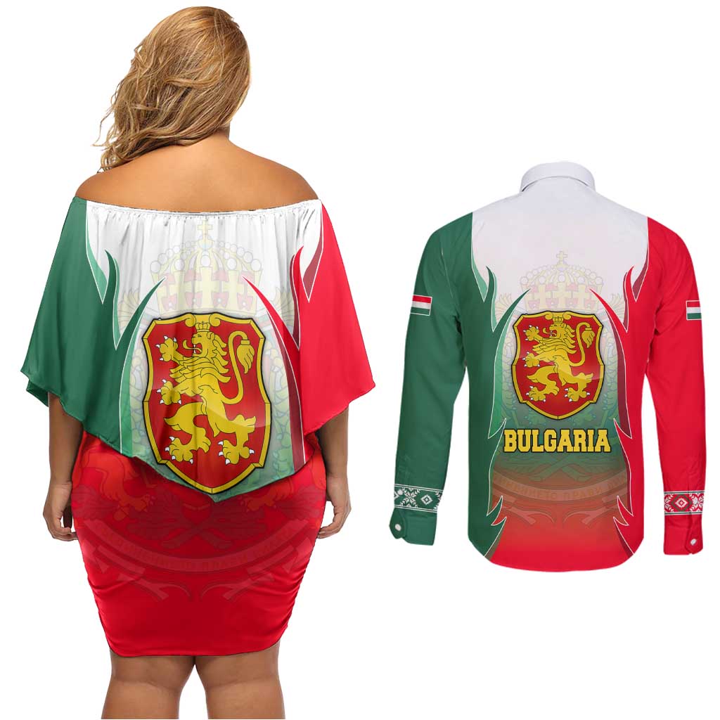 Bulgaria National Crest Couples Matching Off Shoulder Short Dress and Long Sleeve Button Shirt with Tricolor Design and Folk Cuff Pattern