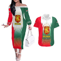 Bulgaria National Crest Couples Matching Off The Shoulder Long Sleeve Dress and Hawaiian Shirt with Tricolor Design and Folk Cuff Pattern