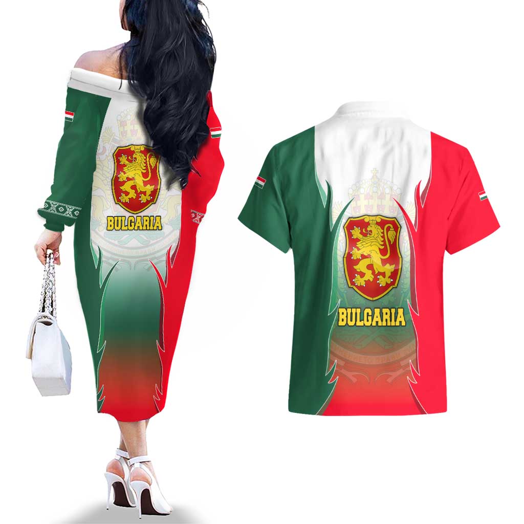 Bulgaria National Crest Couples Matching Off The Shoulder Long Sleeve Dress and Hawaiian Shirt with Tricolor Design and Folk Cuff Pattern