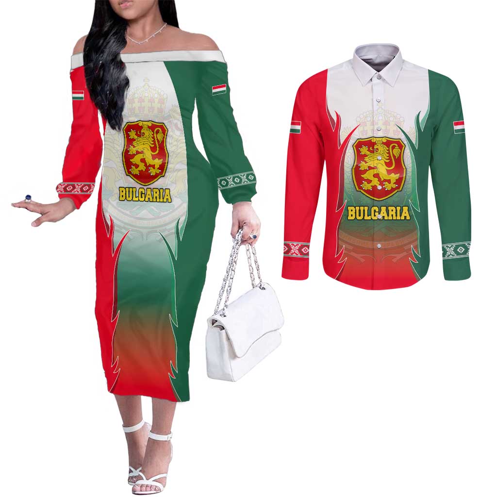 Bulgaria National Crest Couples Matching Off The Shoulder Long Sleeve Dress and Long Sleeve Button Shirt with Tricolor Design and Folk Cuff Pattern