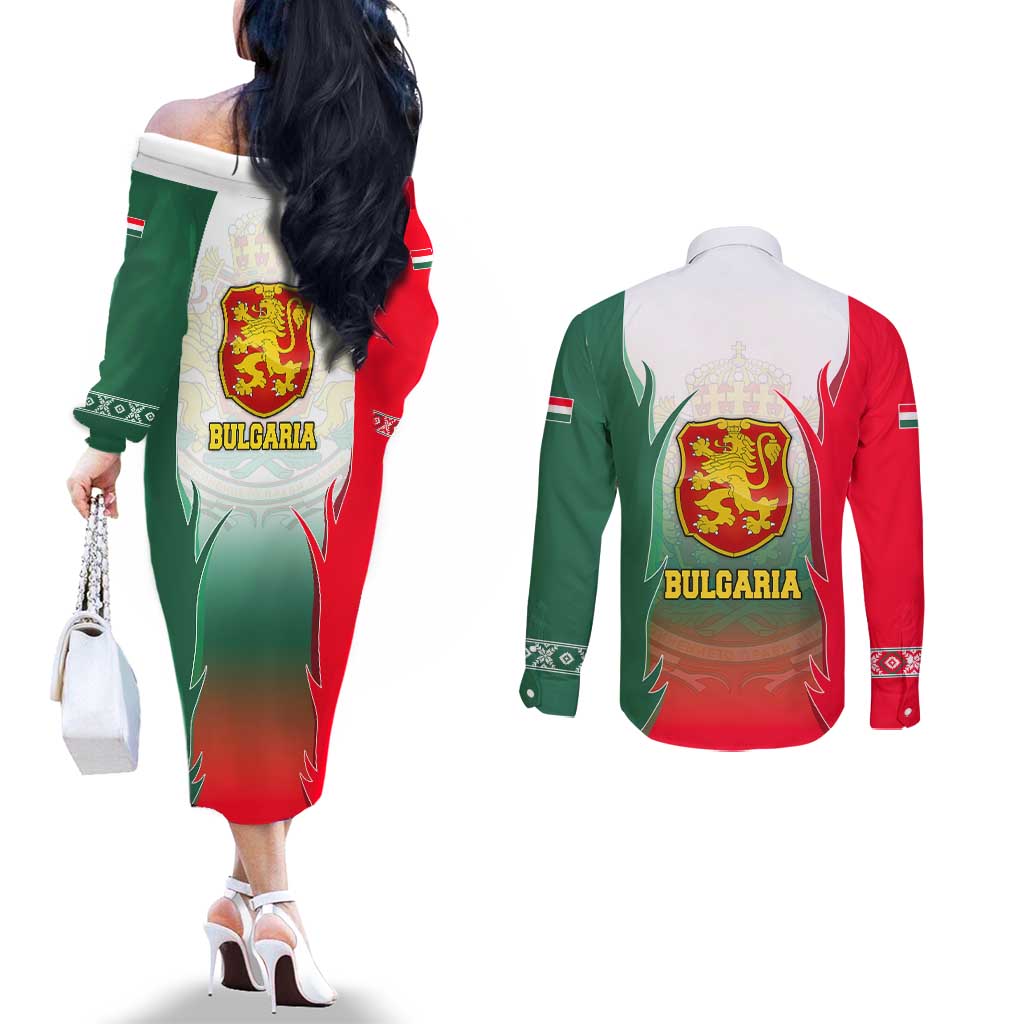 Bulgaria National Crest Couples Matching Off The Shoulder Long Sleeve Dress and Long Sleeve Button Shirt with Tricolor Design and Folk Cuff Pattern