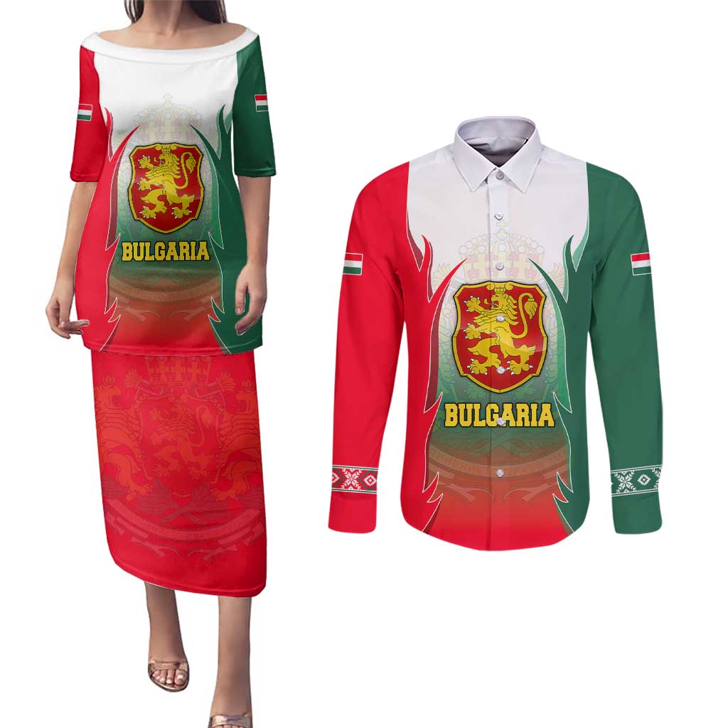 Bulgaria National Crest Couples Matching Puletasi and Long Sleeve Button Shirt with Tricolor Design and Folk Cuff Pattern