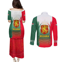 Bulgaria National Crest Couples Matching Puletasi and Long Sleeve Button Shirt with Tricolor Design and Folk Cuff Pattern