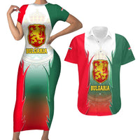 Bulgaria National Crest Couples Matching Short Sleeve Bodycon Dress and Hawaiian Shirt with Tricolor Design and Folk Cuff Pattern