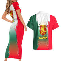 Bulgaria National Crest Couples Matching Short Sleeve Bodycon Dress and Hawaiian Shirt with Tricolor Design and Folk Cuff Pattern