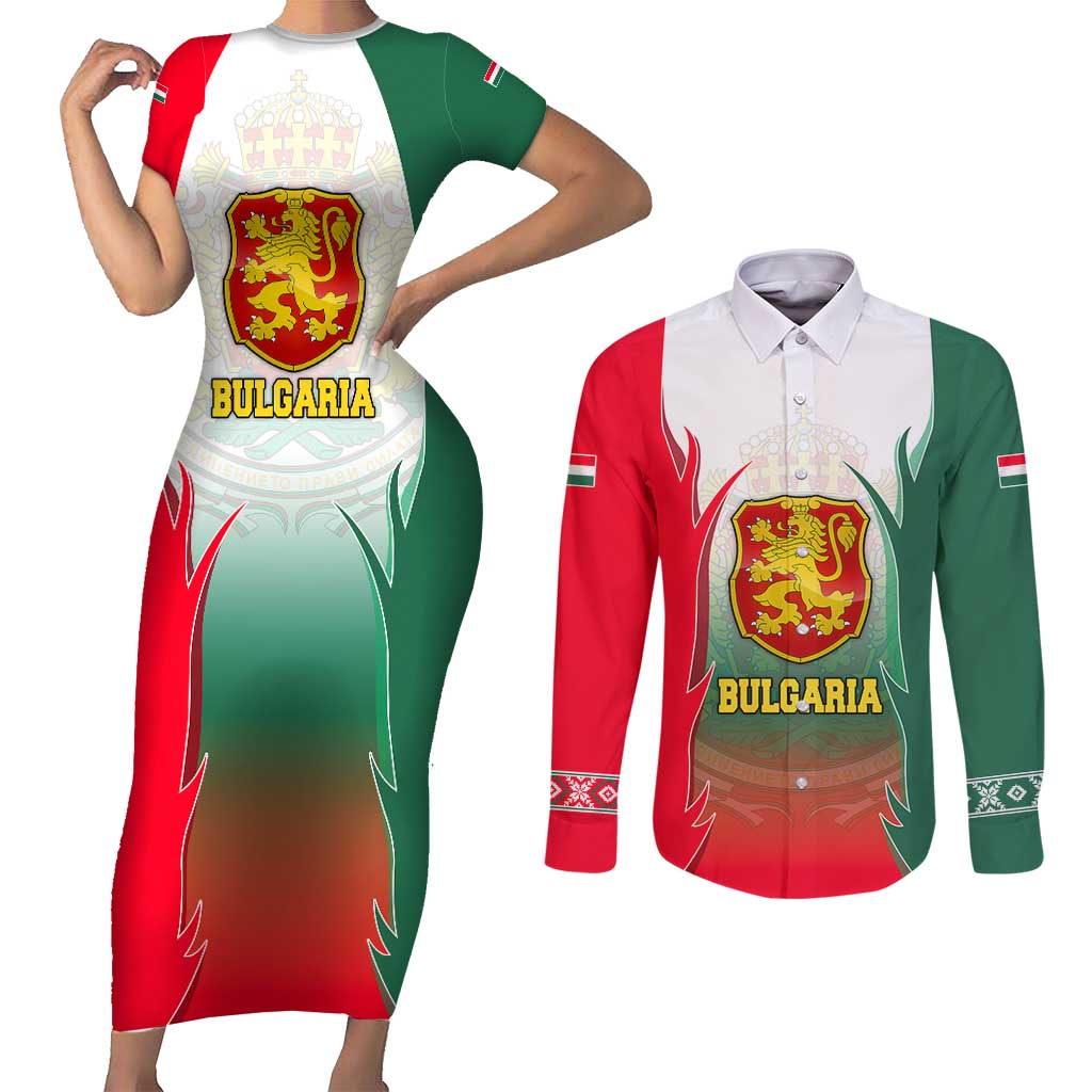 Bulgaria National Crest Couples Matching Short Sleeve Bodycon Dress and Long Sleeve Button Shirt with Tricolor Design and Folk Cuff Pattern