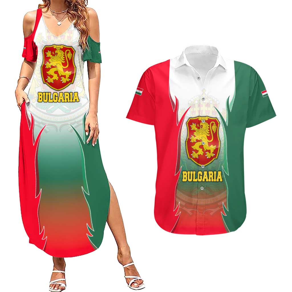 Bulgaria National Crest Couples Matching Summer Maxi Dress and Hawaiian Shirt with Tricolor Design and Folk Cuff Pattern