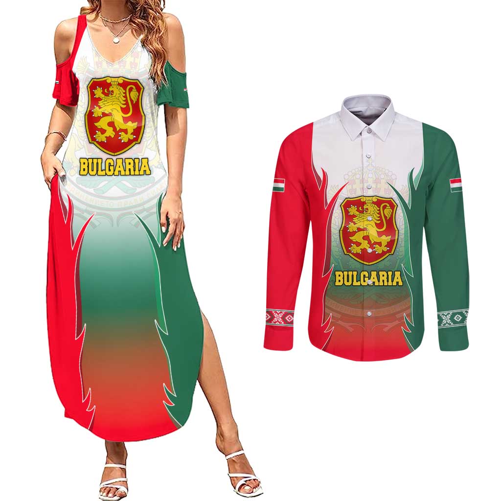 Bulgaria National Crest Couples Matching Summer Maxi Dress and Long Sleeve Button Shirt with Tricolor Design and Folk Cuff Pattern